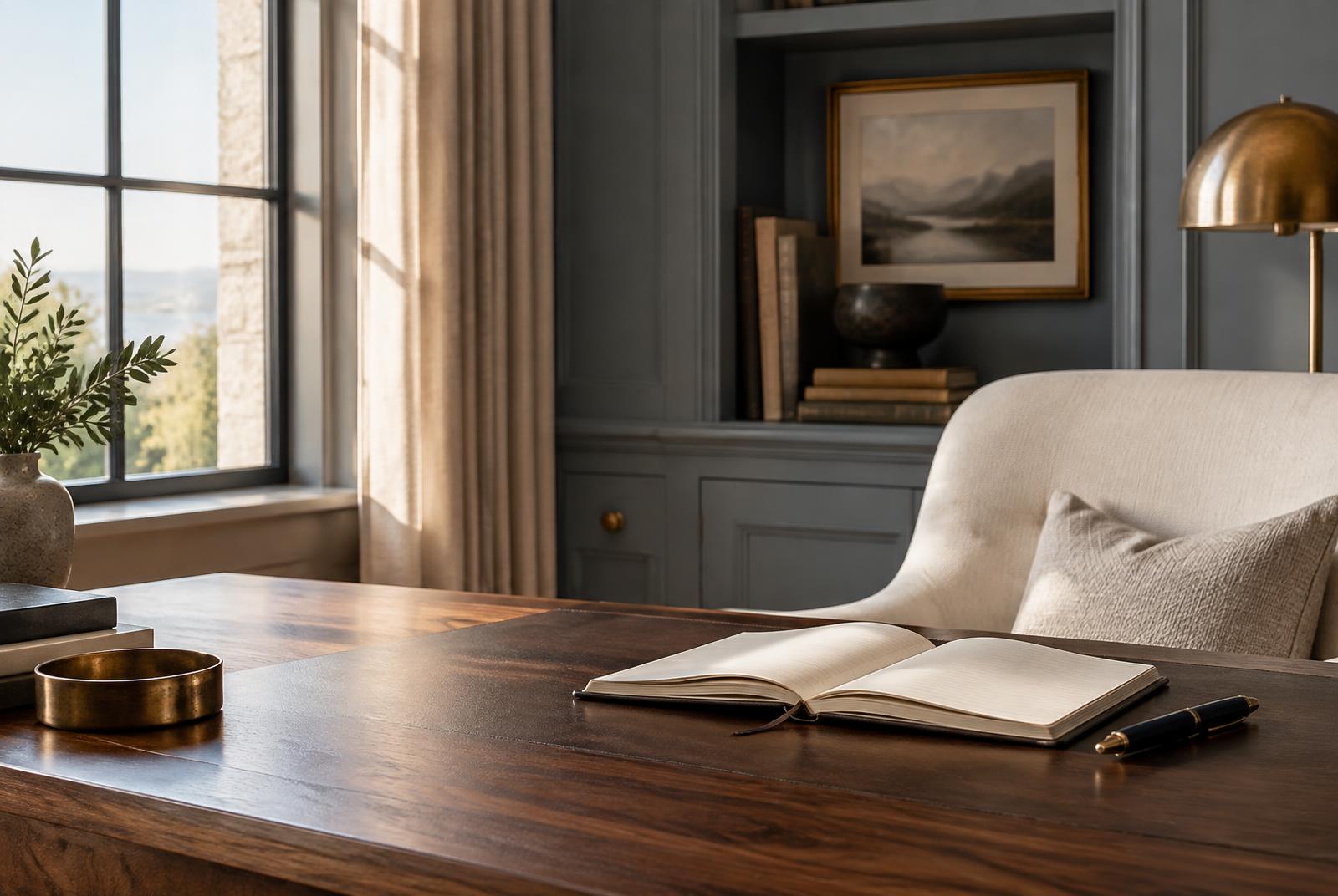 An open notebook and fountain pen in a quiet private office