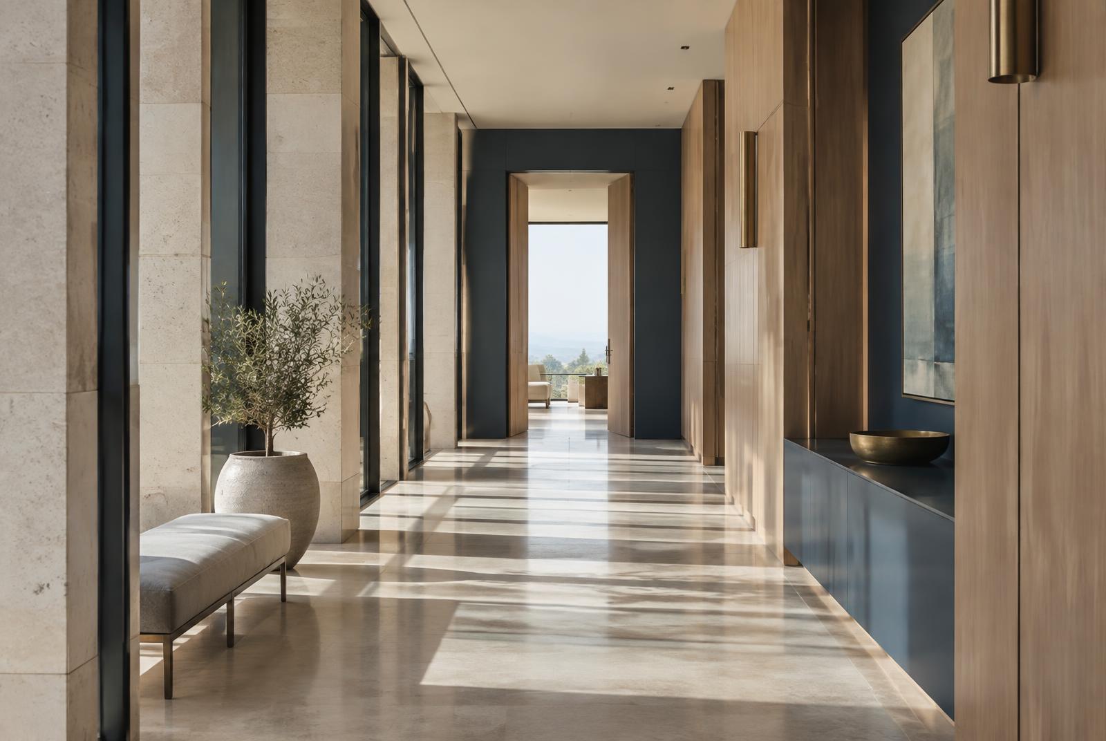 A light-filled architectural corridor with strong directional lines